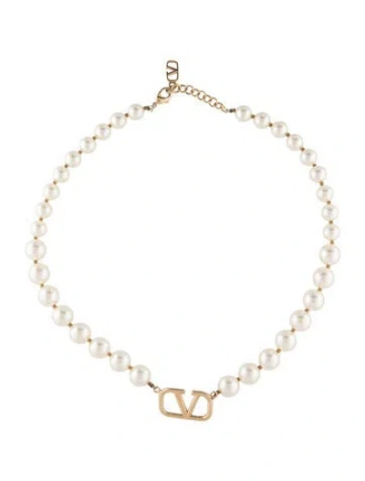 Pre-owned Valentino Garavani Faux Pearl Vlogo Signature Necklace, 17" In Multicolor