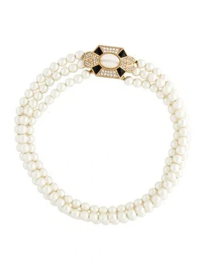 Pre-owned Valentino Garavani Faux Pearl,crystal & Enamel 'pas Plus' Multistrand Necklace, 17"