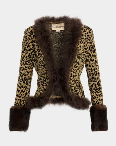 VALENTINO FEATHER AND LAMB SHEARLING TRIM METALLIC LEOPARD JACKET