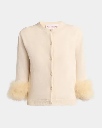 Valentino Feather-cuff Crewneck Cardigan In Nude