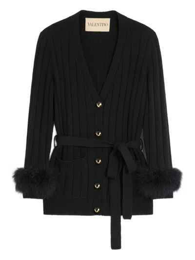 Valentino Feather-cuff Ribbed Cardigan