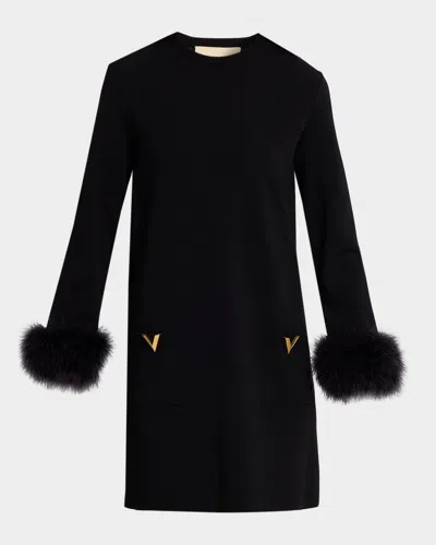 Valentino Feather-cuffs Knit Mini Shift Dress In Black