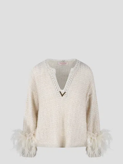 Valentino Feather-cuffs Sequined Jumper In White
