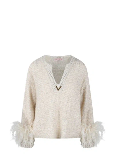 Valentino Feather-cuffs Sequined Jumper In White