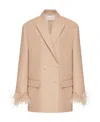 Valentino Oversized Double-breasted Feather-trimmed Woven Blazer In Sand-colored