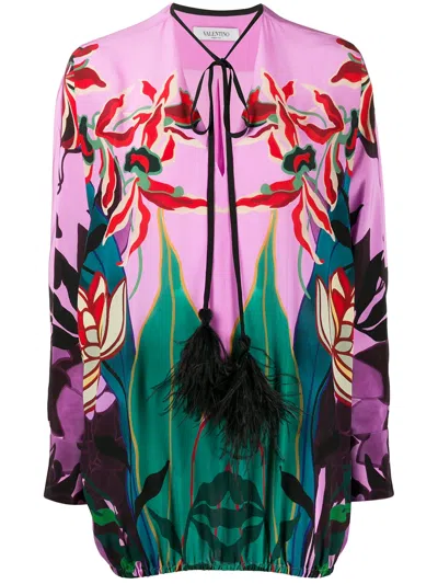 Valentino Feather-embellished Mirrored Orchid Ramage Blouse In Pink