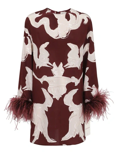 Valentino Feather-embellished Patterned Midi Dress In Bordeaux