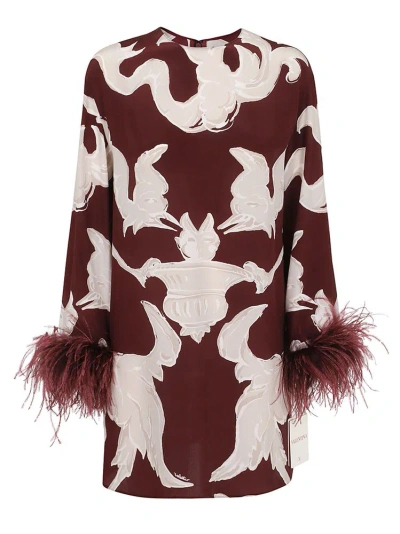 Valentino Feather-embellished Patterned Midi Dress In Amarone/ Perla