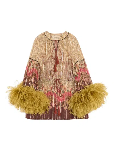 Valentino Paisley Feather-trimmed Silk-blend Blouse In Brown