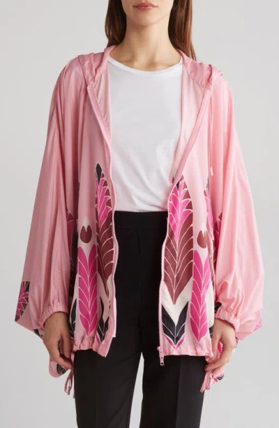 Valentino Feather Print Hooded Nylon Jacket In Rose/ Multicolor