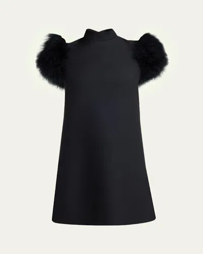 VALENTINO FEATHER-SLEEVE MOCK-NECK MINI DRESS