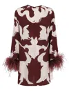 VALENTINO FEATHER-TRIM ALL-OVER PATTERNED MINI DRESS