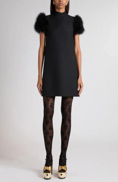 VALENTINO VALENTINO FEATHER TRIM CREPE COUTURE SHIFT DRESS