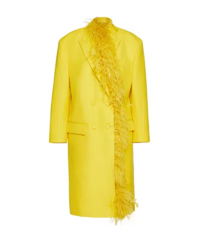 Valentino Feather-trim Double-breasted Wool Coat In Yellow