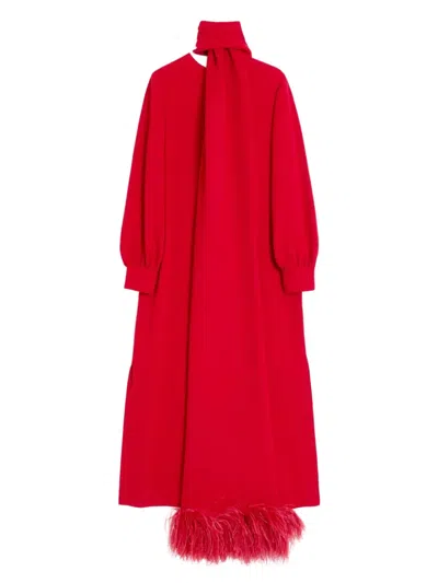 VALENTINO FEATHER-TRIM MIDI DRESS