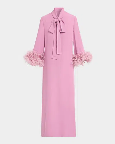 Valentino Feather-trim Silk Crepe Long-sleeve Midi Dress With Neck Scarf In Pink