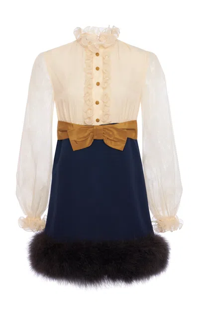 Valentino Ruffled Neck Long-sleeve Dress In Blue