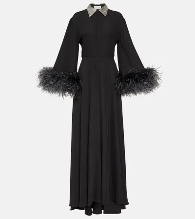 Valentino Feather-trimmed Silk Gown In Black