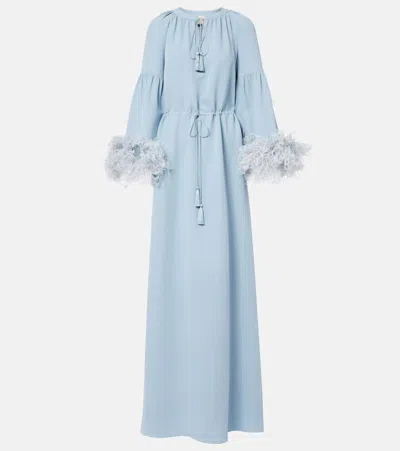 Valentino Feather-trimmed Silk Gown In Blue