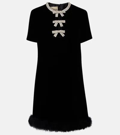 Valentino Feather-trimmed Velvet Minidress In Black