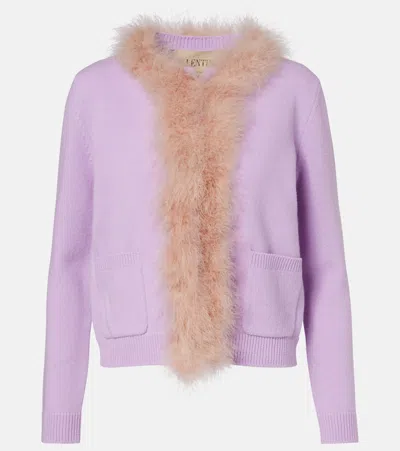 Valentino Feather-trimmed Virgin Wool Cardigan In Purple