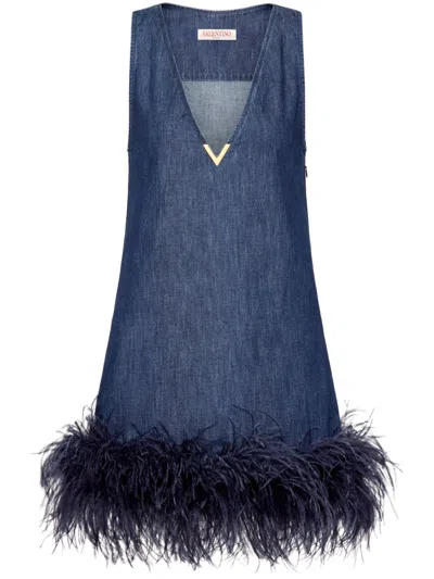 Valentino Feather-trim Denim Dress