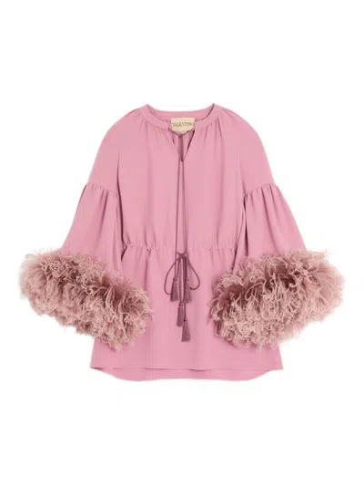 Valentino Feathered Silk Top In Pink