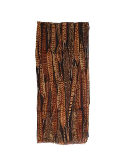 Pre-owned Valentino Feather-print Scarf In Brown