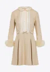 Valentino Nude Viscose-silk Blend Dress With Feather-accented Cuffs In Beige