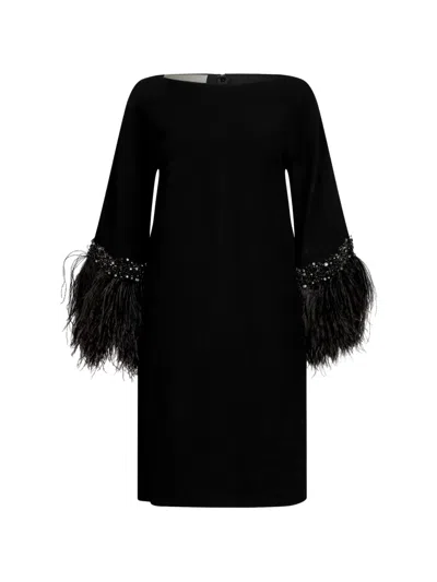 Pre-owned Valentino Feather-trim Bead-embellished Dress In Black