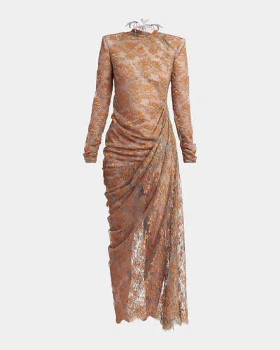 Valentino Feather-trim Draped Lace Long-sleeve Maxi Dress In Brown