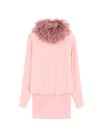 Valentino Removable Feather Collar Silk Georgette Mini Dress In Pink