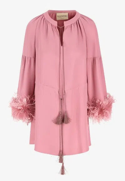 Valentino Feather-trimmed Silk Mini Dress In Pink