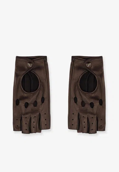 Valentino Garavani Fingerless Leather Gloves In Brown