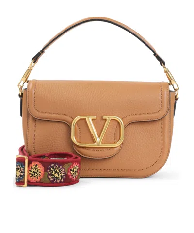 Valentino Garavani Almond Beige Calf Leather Alltime Shoulder Bag In Brown