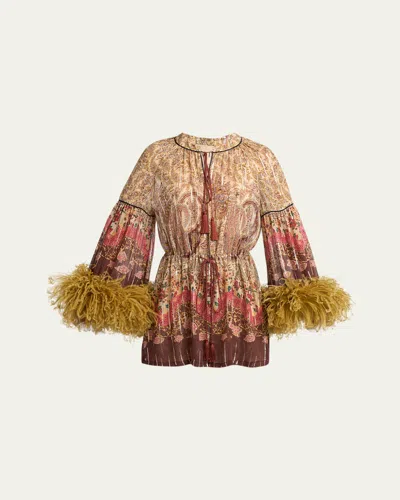 Valentino Flare-sleeve Metallic Paisley Silk Top With Feather Trim In Brown
