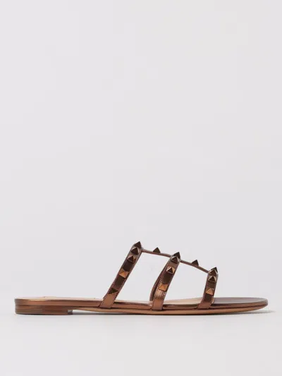 Valentino Garavani Bronze Rockstud Flat Metallic Nappa Slide Sandals In Brown