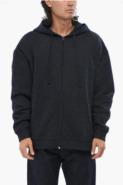Valentino Fleeced Cotton Sweatshirt With All-over Monogram In Black