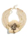 Valentino Garavani Fleur Lumineuse Necklace In Metal Enamel Pearls And Fabric Woman Gold/ivory/cream