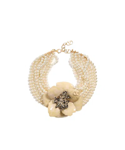 VALENTINO GARAVANI FLEUR LUMINEUSE NECKLACE IN METAL, ENAMEL, PEARLS AND FABRIC