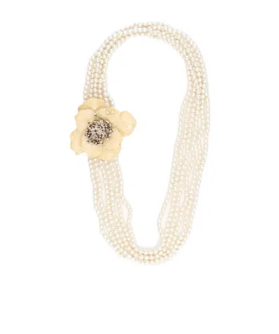 VALENTINO GARAVANI FLEUR LUMINEUSE NECKLACE IN METAL, ENAMEL, PEARLS AND FABRIC