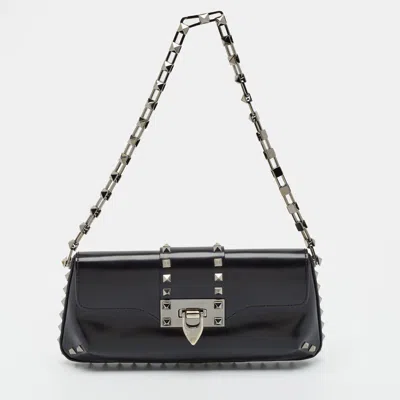 Pre-owned Valentino Garavani Flip Lock Chain Black Glossy Leather Shoulder Bag