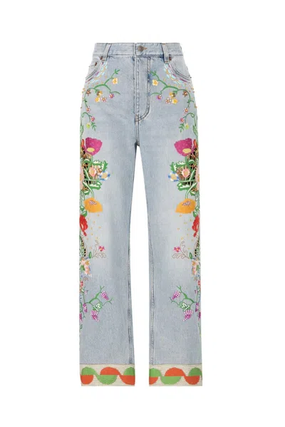 Valentino Floal Embroidered Tapered Jeans In Blue
