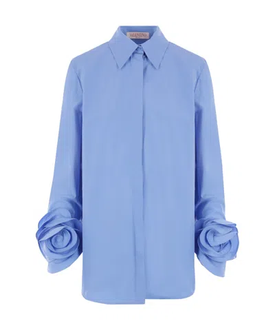 Valentino Floral-appliqué Poplin Shirt In Blue
