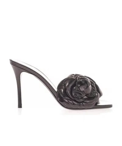Valentino Garavani Floral Appliqué Leather Mules In Black