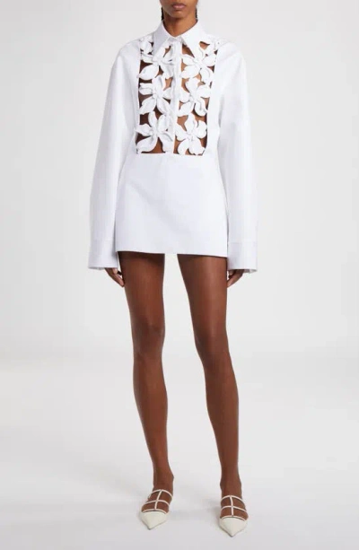 Valentino Garavani Floral Appliqué Long Sleeve Cotton Poplin Mini Shirtdress In Bianco