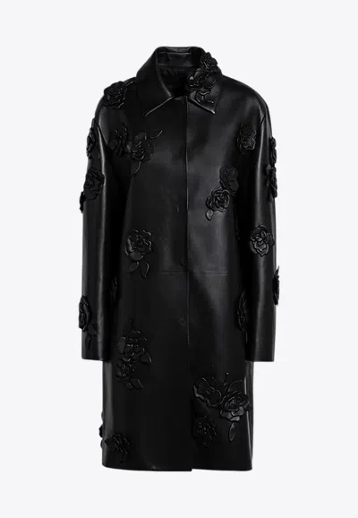 Valentino Floral Appliqué Nappa Leather Coat In Black