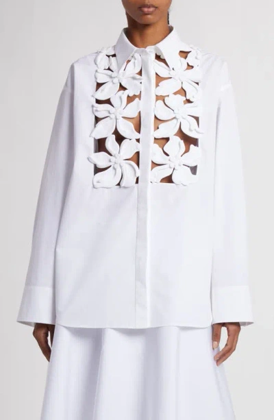 Valentino Floral Appliqué Oversize Button-up Shirt In Bianco