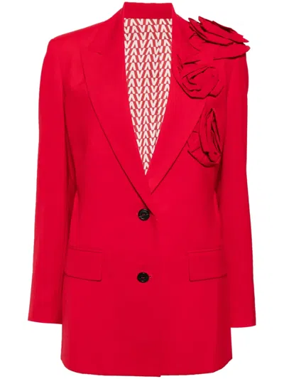 Valentino Floral Appliqué V-neck Blazer In Red