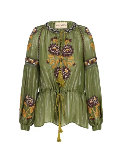 Valentino Garavani Embroidered Lurex Silk Shirt Shirt And Blouse Green